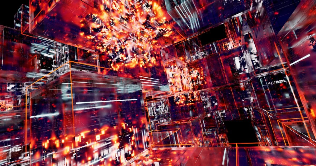 Abstract digital artwork featuring futuristic cubes with glowing neon lights and intricate patterns.